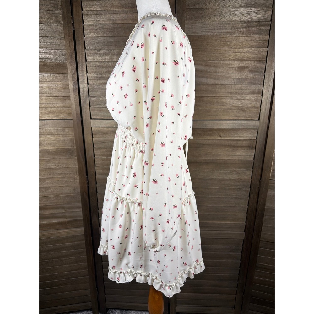 Blush Mark Cream Pink Floral Ruffle V-Neck Smocked Mini Dress 1005943 Small - Picture 4 of 10